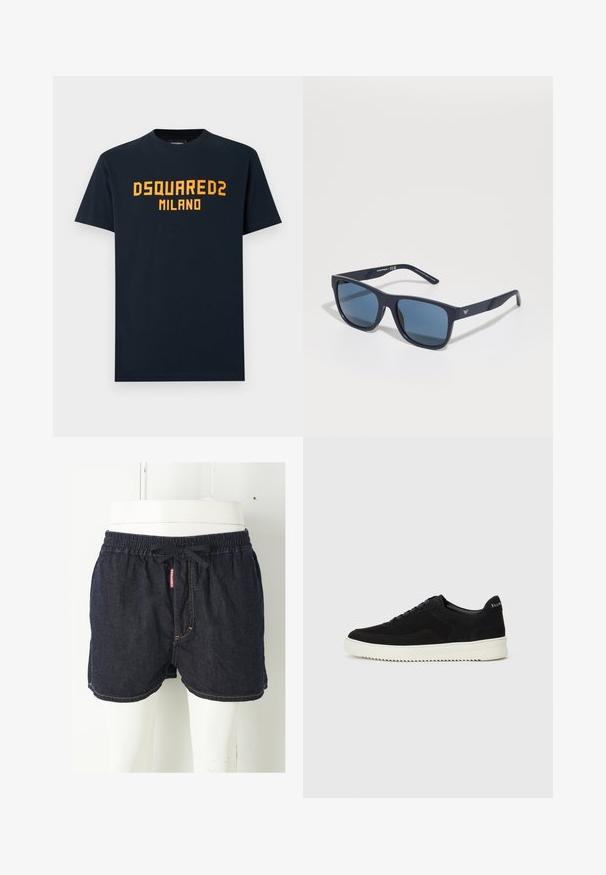 T-shirt en coton bleu marine avec un texte orange vif "DSQUARED2 MILANO" en travers de la poitrine. Col ras du cou classique et manches courtes.; Shorts en denim bleu foncé avec une taille élastique, un cordon de serrage et des coutures jaunes contrastantes. Comprend une étiquette de marque à l'avant.; Baskets en daim noir avec un design à lacets et une semelle en caoutchouc blanc contrastant. Comprend des panneaux latéraux texturés et un logo subtil sur le talon.; Lunettes de soleil rectangulaires bleues avec verres foncés, monture mate marine, détail de logo sur la branche, branches droites et texture lisse et uniforme.