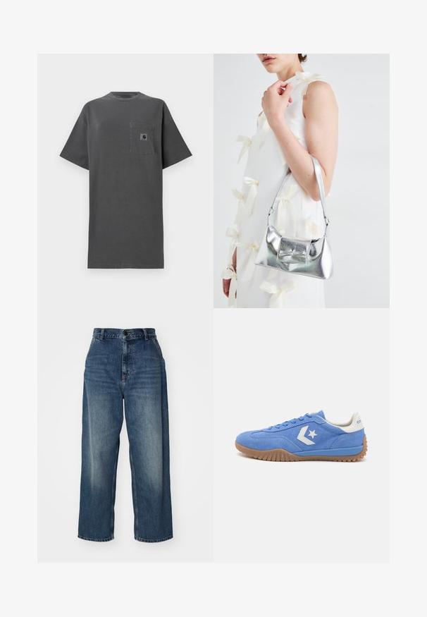 Sivá bavlnená tričko s voľným strihom, okrúhlym výstrihom, krátkymi rukávmi a vreckom na hrudi s malou nášivkou loga.; Modré denimové široké nohavice s vysokým pásom, s gombíkovým zapínaním, pútkami na opasok a vyblednutím nad stehnami. Rovné zakončenie nohavíc.; Modré zamatové športové tenisky s bielym hviezdičkovým logom, so štruktúrovanou gumenou podrážkou a modelom s nízkym profilom.; Strieborná metalická kabelka so štruktúrovaným tvarom, ktorá má hornú rukoväť a mašľu na prednej strane. Hladká textúra, reflexný povrch.
