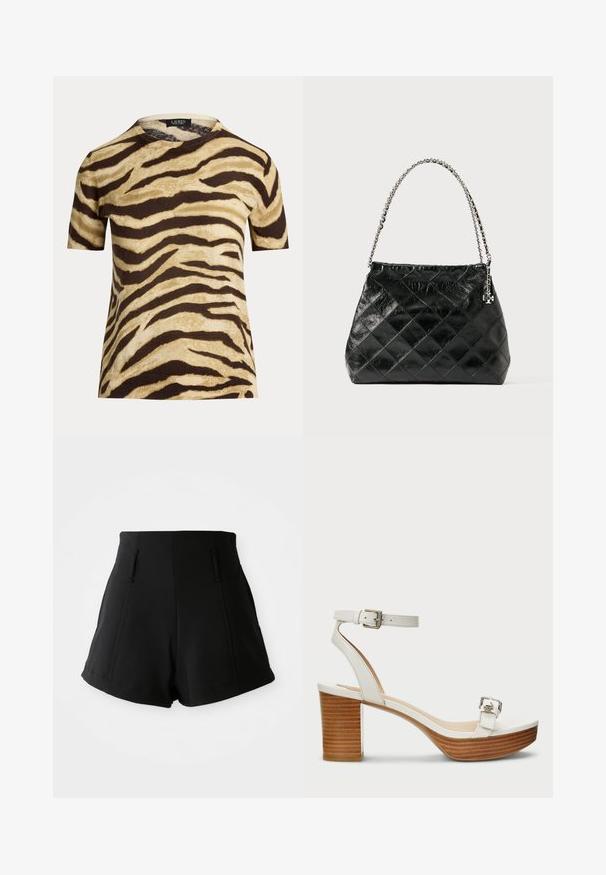 Lühikeste varrukatega sviiter, millel on tigeririba muster beežil ja tumedatpruunil, valmistatud pehmest ja tekstuurset materjalist ning ümara kaelusega.; Kõrge vöökohaga mustad lühikesed püksid, mis on valmistatud siledast kangast, sisaldavad kaht esist taskut, on kohandatud sobivusega ning omavad puhtaid ja lihtsaid jooni.; Valge nahast sandaal, millel on pahkluu rihm ja hõbedane pits. Omab virnastatud puidust plokkinõela ja siledat platot.; Must nahast tikitud käekott hõbedase ketiga sangaga, millel on kujundatud struktuur ja sile pind.