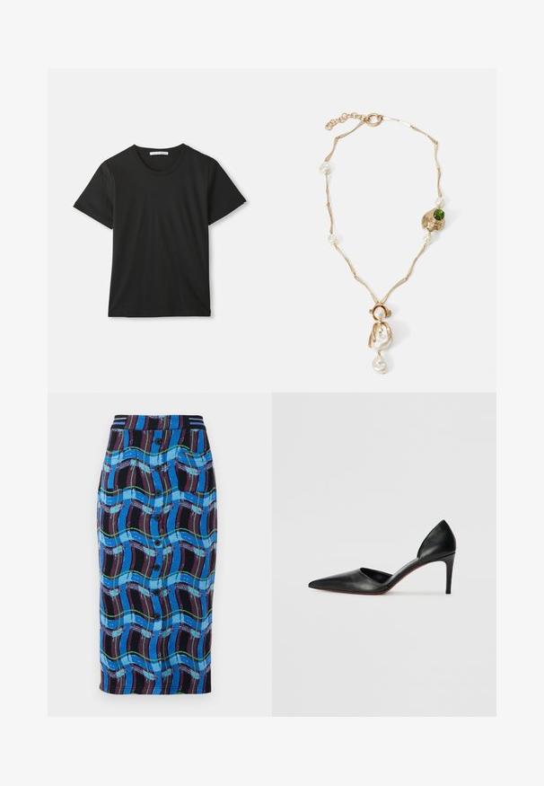 Fekete, rövid ujjú, kerek nyakú pamut póló, laposan elhelyezve fehér háttéren, látható márkajelzéssel a gallér belső részén.; Térd hosszúságú, kék szoknya színes hullámmintával, fekete derékkal, elől gombokkal és két oldalsó zsebbel.; Fekete bőrből készült, magas sarkú, hegyes orrú cipők, nyitott oldalakkal és karcsú sziluettel. Finom sarkuk van, piros talpéval kiemelve.; Arany színű nyaklánc csavart láncszemekkel, fehér gyöngyökkel és zöld kő díszítéssel. Bonyolult részletekkel rendelkezik, és zárómechanizmussal van ellátva.