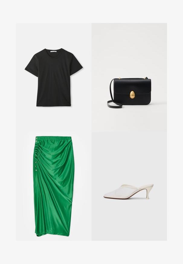 Must värvitooniga lühikeste varrukatega ringkaelusega puuvillane T-särk laotud valgele taustale, kus on nähtav brändi silt krae sees.; Roheline satiinist maxi-seelik, millel on kogutud disain, viie dekoratiivse hõbedase nupuga küljel ja elastse vöökohaga.; Valge võrkmaterjalist teravatoa mulli king, millel on peen keskmise kõrgusega konts ja libisev disain, tühjal taustal.; Must kase nahast käekott, millel on struktureeritud ristkülikukujuline kuju. Omab kuldset ovaalset lukku ja õhukest õlavarre rihma. Sile tekstuur.