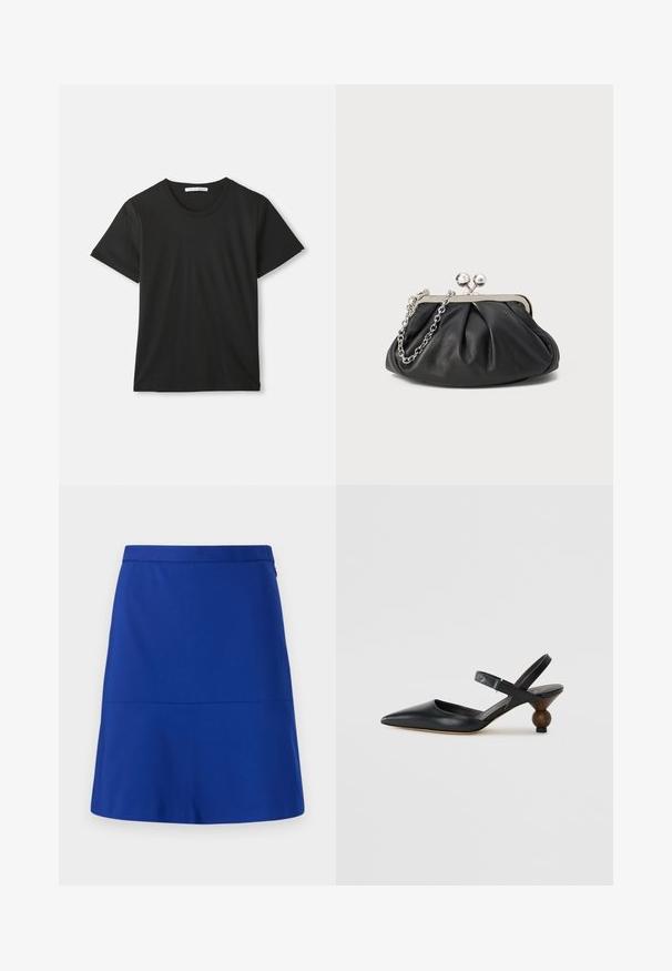 Melna īsām piedurknēm T-kreklā ar apaļu izgriezumu, kas izlikts uz baltas virsmas, ar redzamu zīmola etiķeti iekšpusē no apkakles.; Zila svārku no gludas auduma, ar izteiktiem jostas galiem un vienkāršu, izplešanu izraidošu dizainu bez rotājumiem vai rakstiem.; Melnas ādas siksniņu kurpes ar smailu purngalu, izliektu dizainu un apaļu koka līdzīgu papēdi. Iekļauta šaura potītes siksna.; Melnas ādas roku soma ar sakrautām tekstūrām, sudraba toņu metāla rāmis, skavas aizdare un ķēdes siksna. Gluda, maiga virsma.
