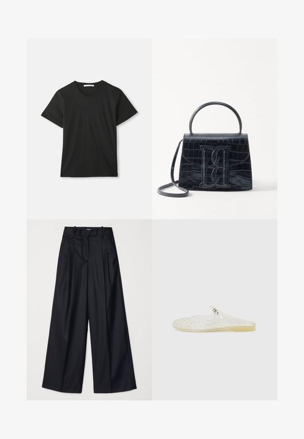 Tricou din bumbac cu mânecă scurtă, de culoare neagră, cu guler rotund, așezat plat pe un fundal alb, având eticheta brandului vizibilă în interiorul gulerului.; Pantaloni negri cu picioare late, confecționați dintr-un material neted, având talie înaltă, plii și un design croitorie. Accesorii simple negre la talie.; Sandal transparentă din plastic, cu un model în rețea, vârf rotunjit și un mic accent argintiu pe curea. Talpă flexibilă de culoare translucidă.; Geantă din piele cu model de crocodil negru, cu un design structurat, mână superioară, curea ajustabilă și un detaliu proeminent cu logo pe față.