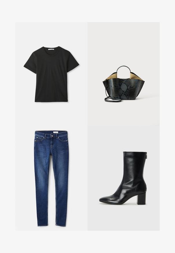 Must lühikeste varrukatega T-särk ümmarguse kaelusega ja pehmest puuvillast kangast. Lihtne disain ilma mustrite või logodeta, klassikalise lõikega.; Tumedat sinised teksad slim fit lõikega, viie taskuga ja tagasihoidlike õmblusdetailidega. Sile tekstuur klassikalise sirge jala disainiga.; Must musta ankle boot teravaid varvastega ja 4 cm plokknõela. Suurepärase disainiga, millel on külgrihm lihtsaks läbi panemiseks. Sile tekstuur.; Must mustriga mustrist külgedega musta ja halli värvi nahk, millel on struktureeritud disain, kahekordsed käepidemed ja reguleeritav õlarihm. Omab beeži sisemust.