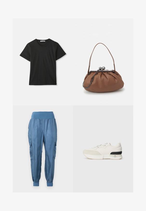 T-shirt de algodão preto de manga curta com gola redonda, deitado sobre um fundo branco, com etiqueta da marca visível dentro da gola.; Calças cargo azuis feitas de material suave, com um cós elástico, punhos afunilados e dois bolsos laterais.; Sneaker branco com biqueira em camurça texturizada, parte superior em malha lisa, atacadores decorativos e um detalhe na parte de trás em borracha preta.; Bolsa de mão em couro castanho com um design franzido, uma alça curta em couro e uma alça de corrente. Apresenta um fecho de metal prateado com dois detalhes redondos.
