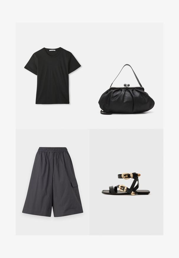 Juodas trumpomis rankovėmis, apvaliu kaklu, pagamintas iš medvilnės marškinėliai, išskleisti ant balto fono, su matomu prekės ženklu apykaklėje.; Tamsiai pilki šortai su elastinga juosma, lygiu priekiu ir šonine cargo kišene. Pagaminti iš lengvo audinio. Laisvas, platus kojų dizainas.; Juodos odinės šlepetės su auksiniais sagtelėmis, turinčios daugybę dirželių ir plokščią padą, skirtos atviriems pirštams.; Juodas odinis rankinė su apvalia, raukšlėtą dizainą. Priedai metalinė užsegimas su dviem dekoratyvinėmis kamuoliukais ir plona, nuimama pakaba.