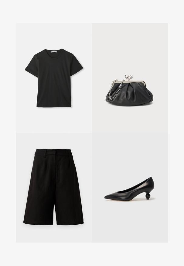 Black short-sleeve crew neck cotton T-shirt laid flat on white background with visible brand label inside collar.; Black shorts in a loose fit, made of lightweight fabric with a smooth texture. Feature a flat waistband and minimal detailing.; Black leather high heel shoe with a pointed toe and a round, balled heel. Smooth texture with a sleek, minimal design.; Black leather clutch with gathered texture, silver-tone metal frame, kiss-lock closure, and chain strap. Smooth, soft surface.