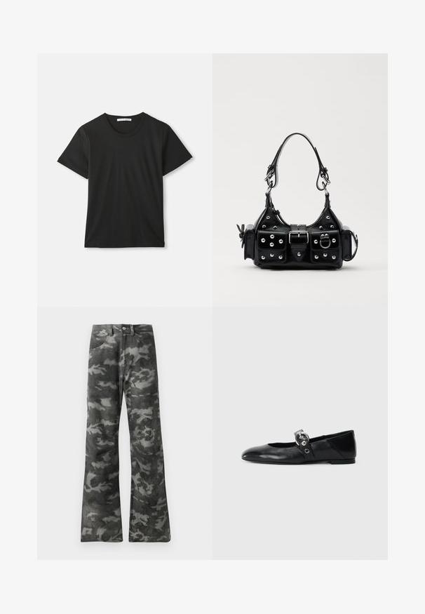 Schwarzes, kurzärmliges Rundhals-T-Shirt aus Baumwolle liegt flach auf weißem Hintergrund mit sichtbarem Markenschild im Kragen.; Dunkelgraue und schwarze Camouflage-musterte gerade Jeans mit Knopf- und Reißverschluss sowie Fronttaschen.; Schwarze Ballettflat mit spitzer Spitze, ausgestattet mit einem Riemen und einer runden, metallischen Schnalle sowie einer flachen Sohle.; Schwarze Lederhandtasche mit einem geschwungenen Design, verziert mit silbernen Nieten, einer Schnalle und zwei seitlichen Taschen. Verstellbarer Träger für verschiedene Tragemöglichkeiten.