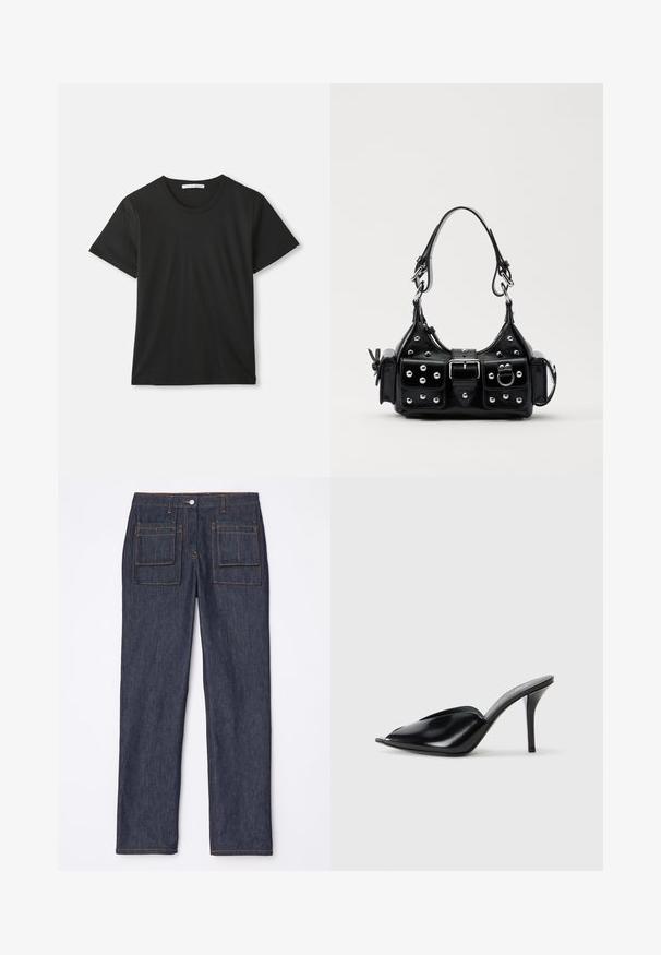 Juodas trumpomis rankovėmis, apvaliu kaklu, pagamintas iš medvilnės marškinėliai, išskleisti ant balto fono, su matomu prekės ženklu apykaklėje.; Tamsiai mėlynos džinsinės kelnės tiesaus kirpimo, su dviem užpakalinėmis kišenėmis ir kontrastingais oranžiniais siūlais.; Juodos odinės aukštakulnės mules su atvira pirštine, smailiu dizainu, lygiu paviršiumi ir plonu stiletto kulnu.; Juodas odinis rankinukas su kreiviu dizainu, su sidabro spalvos knopkėmis, užsegimu ir dviem šoninėmis kišenėmis. Reguliuojama dirželis nešimui.