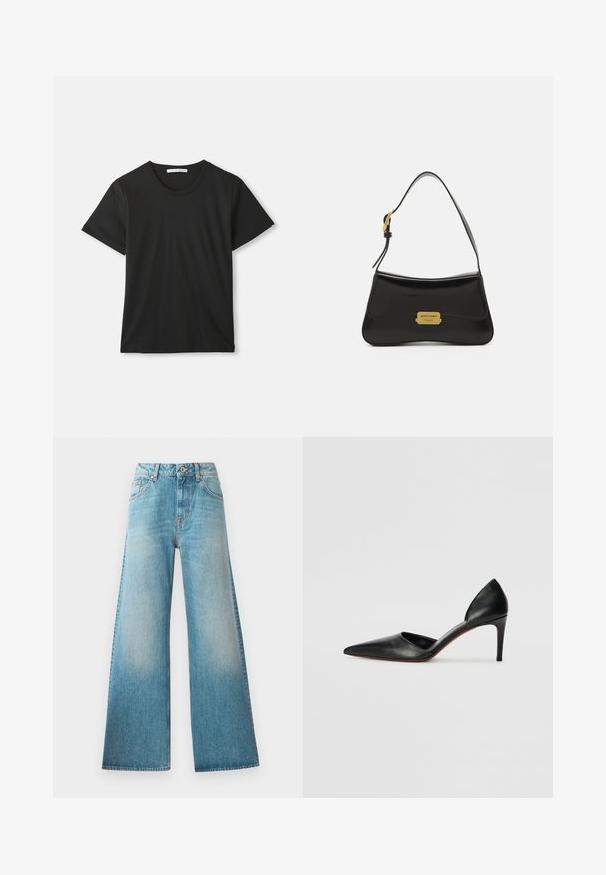 T-shirt de algodão preto de manga curta com gola redonda, deitado sobre um fundo branco, com etiqueta da marca visível dentro da gola.; Calças largas em denim azul claro com cintura alta, design de cinco bolsos e desbotamento subtil ao longo das coxas. Detalhes em metal na cor cobre.; Zapatos de salto alto em couro preto, com bico fino, laterais abertas e uma silhueta elegante. Apresenta um salto fino e um destaque na sola vermelha.; Mala de couro preta com um design curvado, placa em ouro com o logotipo como detalhe e uma alça de ombro fina. Textura suave com um acabamento elegante.