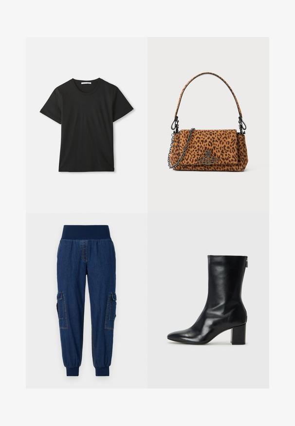 Must lühikeste varrukatega T-särk ümmarguse kaelusega ja pehmest puuvillast kangast. Lihtne disain ilma mustrite või logodeta, klassikalise lõikega.; Tumesinine denimist jogger-püksid laiade elastsete vöödega, kahe külgmise cargo-taskuga ja ribadega pahkluudes; tume sinine värv kontrastsete õmblustega.; Must musta ankle boot teravaid varvastega ja 4 cm plokknõela. Suurepärase disainiga, millel on külgrihm lihtsaks läbi panemiseks. Sile tekstuur.; Leopardimustriga nahkese käekott, mis on valmistatud suede'ist, lühikese käepideme ja ahelahaga. Ristkülikukujuline kuju flapi sulgemisega.