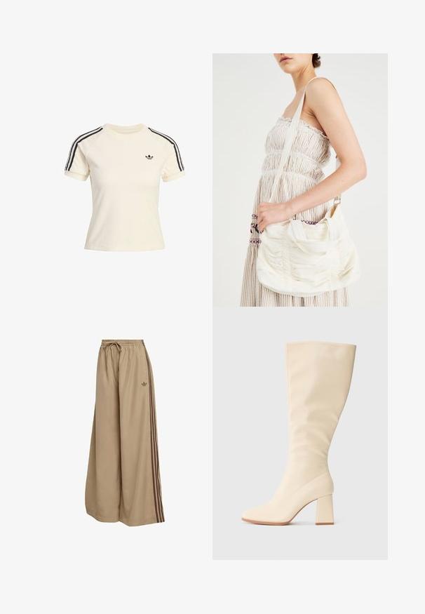 Felpa corta a maniche corte di colore crema con accenti a righe nere sulle spalle e un piccolo logo nero sul petto. Texture in morbido terry.; Pantaloni beige a gamba larga con vita elasticizzata e coulisse. Presentano strisce laterali marroni e un sottile dettaglio logo sul lato sinistro.; Stivale color crema fino al ginocchio con tacco a blocco e finitura liscia, mostrato in profilo laterale su uno sfondo neutro.; Borsa a spalla in tessuto bianco con texture arricciata, tracolla regolabile e dettagli in argento. Esibita accanto a un vestito color crema.