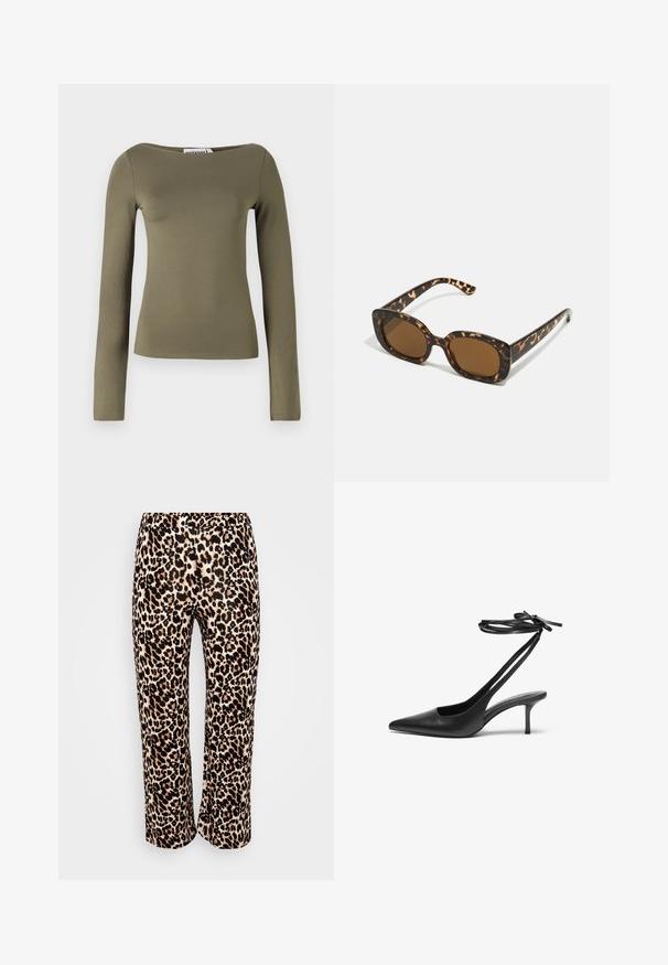 Olivgrön långärmad topp med en figurnära design, tillverkad av ett mjukt, stretchigt material med en bred halsringning och minimala sömmar.; Leopardmönstrade byxor i beige och svart. Tillverkade av ett mjukt material, med rak bendesign och bred midja. Inga synliga stängningar.; Svart lädersandalett med spetsig tå, öppen baksida och ankelremmar som är knutna i en rosett. Smal 3-tums klack. Slät textur, minimalistisk design.; Sköldpaddsmönstrade solglasögon med en rund, kraftig ram och bruna linser. Har subtila mönster och raka, avsmalnande skalmar.; Svart läder tote-väska med slät yta, strukturerad form, två handtag och en framträdande silverfärgad spänne på framsidan.