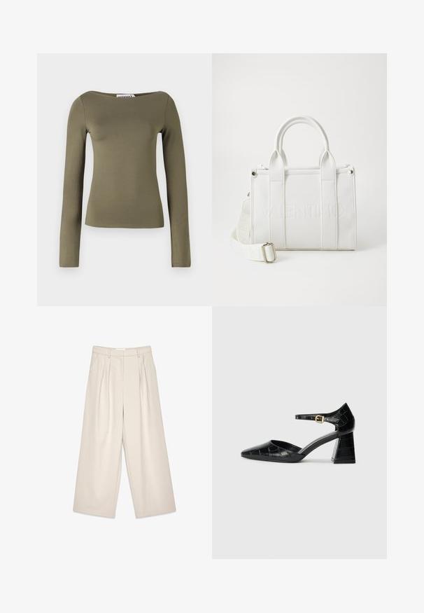 Top verde oliva de manga larga con un diseño ajustado, hecho de una tela suave y elástica con un escote ancho y costuras mínimas.; Pantalones de pierna ancha beige con pliegues, con una textura suave y trabillas para cinturón. Corte a medida, ofreciendo un ajuste holgado alrededor de las piernas.; Zapato de tacón alto de charol negro con punta afilada, tira en el tobillo y patrón texturizado de cocodrilo. Diseño de tacón cuadrado.; Bolso de mano de cuero blanco con logo en relieve, forma estructurada, doble asa superior, correa de hombro desmontable y superficie texturizada.