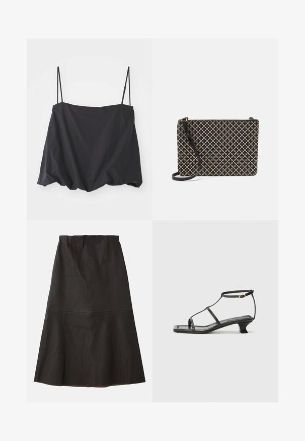 Schwarzes ärmelloses Oberteil mit dünnen Trägern, lockerer Passform und gerafftem Saum. Hergestellt aus leichtem Stoff mit glatter Textur.; Schwarzer, knielanger A-Linien-Rock aus glattem, strukturiertem Stoff. Verfügt über eine mittelhohe Taille und dezente Nahtdetails.; Schwarze Ledersandale mit quadratischer Zehenpartie, dünnen Riemen, verstellbarem Knöchelriemen und einem niedrigen Absatz. Mit einem kleinen goldenen Akzent am Riemen.; Schwarz- und beige gemusterte Handtasche in rechteckiger Form mit einem Kreuzschraffurdesign, einem Reißverschluss und einem abnehmbaren schwarzen Tragegurt.