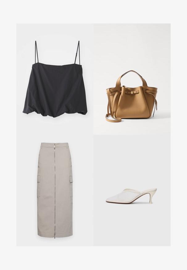 Mustaton, hihaton paita ohuilla olkaimilla, väljä malli ja rypytetty helmus. Valmistettu kevyestä kankaasta, jonka pinta on sileä.; Hame pitkä, harmaa, valmistettu puuvillasta, jossa on etuvetoketju ja kaksi sivutaskua, näyttäen suoraviivaiselta ja siisteiltä.; Valkoinen verkkokangas teräväkärkinen mulu, jossa on ohut keskipituinen korko ja liukupohjainen muotoilu yksinkertaista taustaa vasten.; Tory Burch ROMY PEBBLED SATCHEL - Käsilaukku - tiramisu