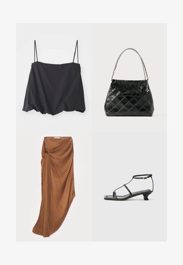 Schwarzes ärmelloses Oberteil mit dünnen Trägern, lockerer Passform und gerafftem Saum. Hergestellt aus leichtem Stoff mit glatter Textur.; Brauner Faltenrock mit einer Twist-Gestaltung an der Taille, der eine glatte Textur und einen seitlichen Reißverschluss hat.; Schwarze Ledersandale mit quadratischer Zehenpartie, dünnen Riemen, verstellbarem Knöchelriemen und einem niedrigen Absatz. Mit einem kleinen goldenen Akzent am Riemen.; Schwarze gesteppte Lederhandtasche mit einem silbernen Kettenhenkel, die ein strukturiertes Design und eine glatte Textur aufweist.