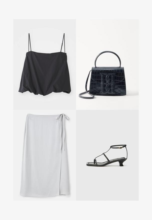 Zwarte mouwloze top met dunne banden, ruime pasvorm en gathered zoom. Gemaakt van lichtgewicht stof met een gladde textuur.; Lichtgrijze wikkelrok met een gladde textuur, sluiting met een zijstrik en een subtiele split aan de linkerkant. Eenvoudig ontwerp zonder patronen of accenten.; Zwarte leren sandaal met een vierkante neus, dunne banden, een verstelbare enkelriem en een lage hak. Heeft een kleine gouden accent op de band.; Zwarte handtas van krokodillleer met een gestructureerd ontwerp, bovenhandvat, verstelbare schouderband en een opvallend voorlogo.