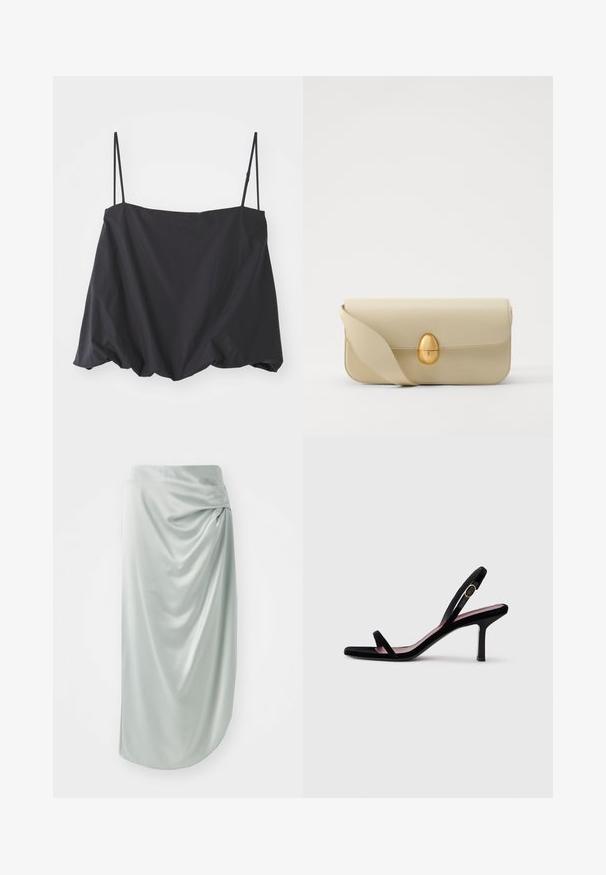 Top negro sin mangas con tirantes finos, de corte holgado y con dobladillo fruncido. Está hecho de una tela ligera con textura suave.; Falda de satén verde claro con diseño drapeado, de longitud media, textura suave, que presenta un detalle de nudo lateral para mayor interés visual.; Sandalia de tacón alto de gamuza negra para mujer, con tiras finas y una hebilla dorada, sobre un fondo blanco, vista lateral.; Bolso de mano de cuero beige con una textura suave, forma rectangular y un cierre ovalado dorado. Cuenta con una correa larga y ajustable.