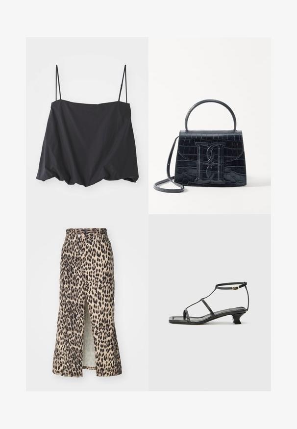 Melnas bez piedurknēm blūze ar plānām siksniņām, brīva piegriezuma un savilkta apakšmala. Izgatavota no viegla auduma ar gludu tekstūru.; Pelišķa vidēja garuma svārki, izgatavoti no mīksta auduma, ar priekšēju šķēlumu, pogu aizdari un pieguļošu jostasvietu, neitrālos toņos ar melniem akcentiem.; Melna ādas sandale ar kvadrātveida purngalu, plānām siksnām, regulējamu potītes siksnu un zemu papēdi. Iezīme ir neliela zelta akcenta detaļa uz siksnas.; Melnas krokodila rakstā izgatavota ādas rokassoma ar strukturētu dizainu, augšējo rokturi, regulējamu siksnu un izteiktu priekšējo logotipa detaļu.