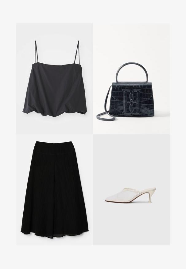 Mustaton, hihaton paita ohuilla olkaimilla, väljä malli ja rypytetty helmus. Valmistettu kevyestä kankaasta, jonka pinta on sileä.; Mustat midi-hameet, joissa on laskostettu muotoilu. Pehmeä, kevytrakenteinen kangas; leveä vyötärö. Helmassa on alta polven laskeutuva muoto, joka on ilmava.; Valkoinen verkkokangas teräväkärkinen mulu, jossa on ohut keskipituinen korko ja liukupohjainen muotoilu yksinkertaista taustaa vasten.; Musta krokotiilivoimalla painettu nahkakäsilaukku, jossa on jämäkkä muotoilu, yläkahva, säädettävä hihna ja erottuva etuosan logoyksityiskohta.