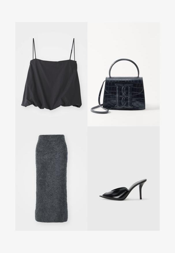 Fekete ujjatlan felső vékony pántokkal, laza szabással és gyűrt alsó résszel. Könnyű anyagból készült, sima textúrával.; Szürke gyapjú ceruzaszoknya puha, bolyhos textúrával. Feszes szabással és térd-aljú dizájnnal rendelkezik. Nincsenek látható hardverek vagy minták.; Fekete bőr, nyitott orrú, hegyes kialakítású, sima textúrájú, és karcsú tűsarokkal rendelkező magassarkú mules.; Fekete krokodilbőr hatású kézitáska, amelynek strukturált kialakítása van, felső fogantyúval, állítható pánttal és egy kiemelkedő elülső logó részlettel.