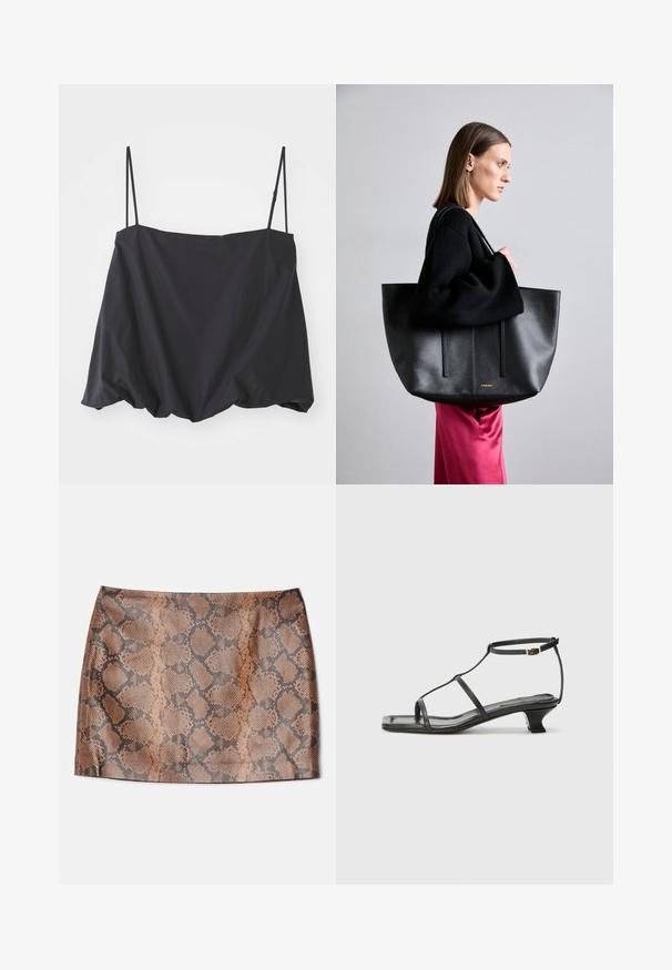 Top negru fără mâneci, cu bretele subțiri, croială lejeră și tiv strâns. Fabricat dintr-un material ușor, cu o textură netedă.; Alice + Olivia ELANA SNAKE SKIRT - Fustă mini - camel/black; Sandelă din piele neagră cu vârf pătrat, curele subțiri, curea ajustabilă la gleznă și toc mic. Prezintă un mic accent auriu pe curea.; Geantă tote din piele neagră cu un finisaj texturat, având două linii verticale, bretele duble pentru umăr și un design minimalist.