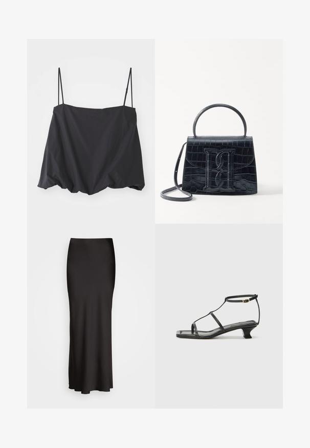 Black sleeveless top with thin straps, loose fit, and gathered hem. Made of lightweight fabric with a smooth texture.; Black, floor-length satin skirt with a smooth texture, fitted waistband, and A-line silhouette, featuring no visible embellishments or patterns.; Black leather sandal with a square toe, thin straps, adjustable ankle strap, and a low heel. Features a small gold accent on the strap.; Black crocodile-embossed leather handbag with a structured design, top handle, adjustable strap, and a prominent front logo detail.