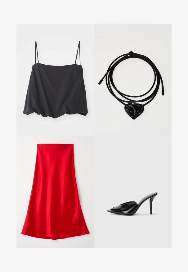 Top negru fără mâneci, cu bretele subțiri, croială lejeră și tiv strâns. Fabricat dintr-un material ușor, cu o textură netedă.; Fustă roșie din satin cu o textură netedă, de lungime completă și un design fluid care se îngustează la tiv. Simplă, de culoare uniformă, fără ornamente.; Mule-uri negre din piele cu toc înalt, cu vârf deschis, design ascuțit, textură fină și toc subțire stiletto.; Pandantiv în formă de inimă neagră pe un șnur negru elegant. Pandantivul are un design strălucitor, texturat, cu șanțuri ridicate și o finisare netedă.