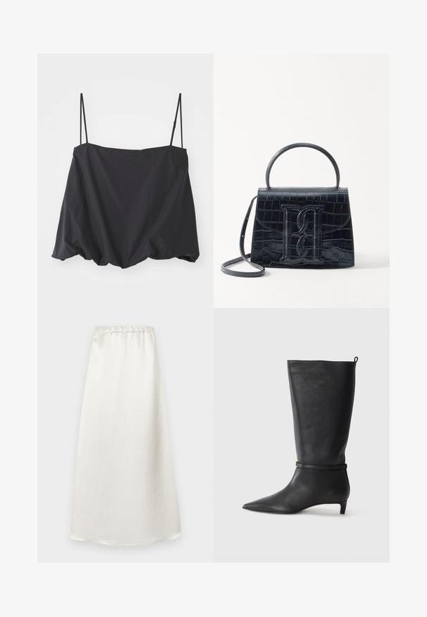 Débardeur noir sans manches avec des fines bretelles, coupe ample et ourlet froncé. Fabriqué en tissu léger avec une texture lisse.; Jupe blanche longueur cheville en tissu lisse et léger, avec une taille froncée et une finition texturée subtile.; Botte noire en cuir, montant jusqu'au genou, avec un bout pointu, accentuée par une sangle circulaire autour de la cheville et un petit talon effilé. Texture lisse.; Sac à main en cuir noir embossé en crocodile avec un design structuré, une poignée supérieure, une bandoulière ajustable et un détail de logo en avant bien visible.