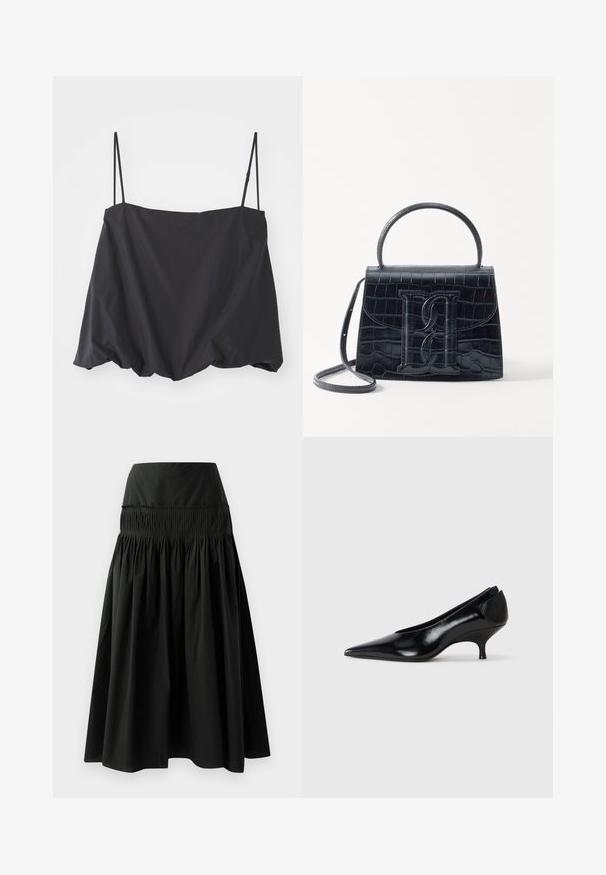 Juodas be rankovių viršus su plonomis petnešėlėmis, laisvas siluetas ir surinkta apatinė dalis. Pagamintas iš lengvos medžiagos su lygiu paviršiumi.; Juodas kelių ilgio sijonas, pagamintas iš lygaus audinio, su prigludusia juosmens juosta ir susiraukšlėjimo dizainu, suteikiančiu apimtį.; Juodas odinis aukštakulnis batelis su smailiu nosiu, žemu kulnu, elegantišku dizainu ir lygiu paviršiumi. Žymi slip-on stilius be matomų detalių.; Juodas krokodilo rašto odinis rankinės krepšys su struktūruotu dizainu, viršutine rankena, reguliuojamu dirželiu ir išsiskiriančiu priekinio logo detale.