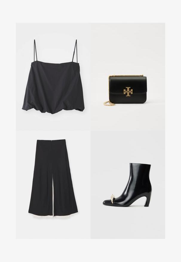 Mustaton, hihaton paita ohuilla olkaimilla, väljä malli ja rypytetty helmus. Valmistettu kevyestä kankaasta, jonka pinta on sileä.; Mustat leveälahkeiset housut, joissa on etupuolen halkio, sileä pinta ja kontrastivalkoinen vuoritus helmassa. Takana vetoketju.; Mustat nilkkurit, jotka on valmistettu kiiltävästä nahasta, ja joissa on terävä kärki sekä koristeellinen kultainen ja hopeinen aksentti edessä. Laiton korko.; Mustat nahkalaukku kultasävyisellä ketjuolkaimella ja logotunnuksella. Ominaisuuksiin kuuluu suorakulmainen muoto ja taitettavalla läpällä. Tasainen pinta.