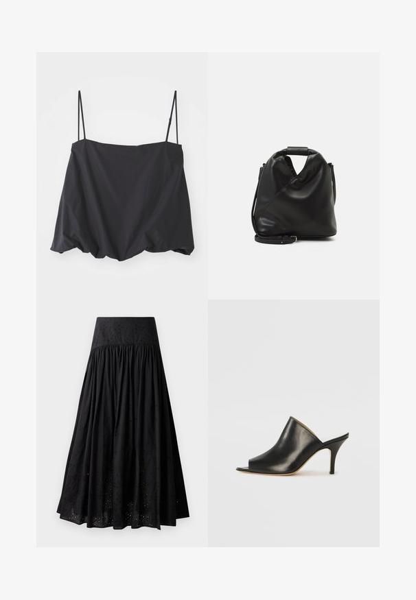 Top negru fără mâneci, cu bretele subțiri, croială lejeră și tiv strâns. Fabricat dintr-un material ușor, cu o textură netedă.; Fustă maxi neagră din bumbac, cu o talie brodată. Prezintă un material plisat și detalii de ochiuri pe margine.; Mule din piele neagră, cu vârf deschis, cu un design elegant și curbat, toc înalt subțire și textură netedă. Interiorul are o culoare deschisă contrastantă.; Geantă din piele moale, neagră, cu un design unic, răsucit. Dispune de o mânere scurtă și o curea de umăr detașabilă. Stil minimalist.