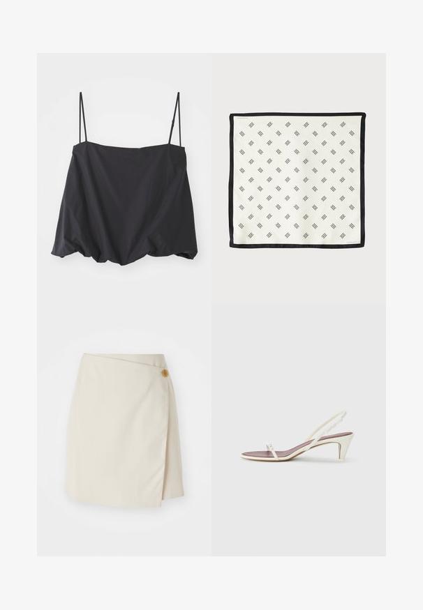 Juodas be rankovių viršus su plonomis petnešėlėmis, laisvas siluetas ir surinkta apatinė dalis. Pagamintas iš lengvos medžiagos su lygiu paviršiumi.; Bežinė apklijuota sijonas su šoniniu mygtuko uždarymu, vientisa medžiaga, švarios linijos ir glotni tekstūra, sukurta prigludusiam siluetui.; Baltos slingback šlepetės su lengvu kulnu, plonais dirželiais ir lygia odos tekstūra; turi mažą dekoratyvinę sagtelę.; Baltas šilkinis šalikas, dekoruotas juoda geometrine raštu, su tvirtu juodu kraštu. Lengvas ir glotnaus paviršiaus.