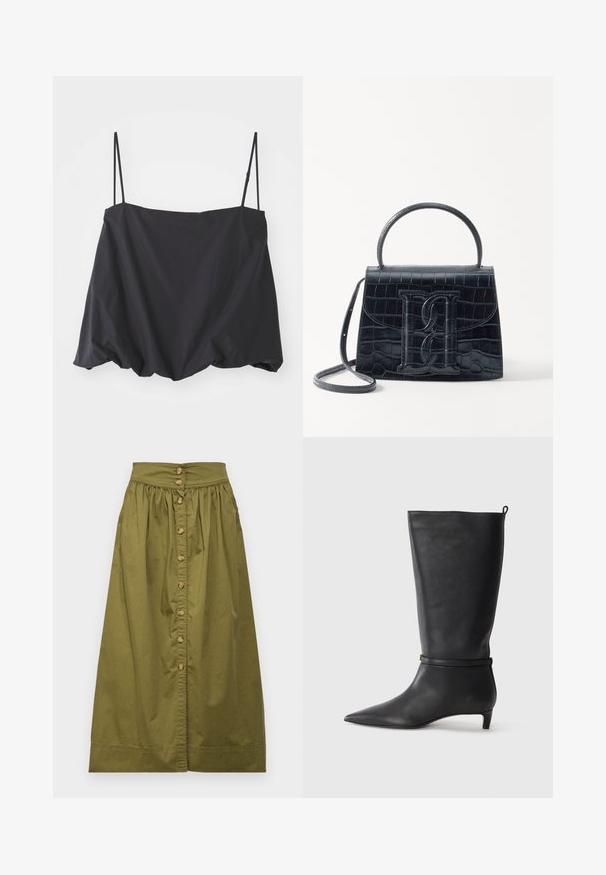 Débardeur noir sans manches avec des fines bretelles, coupe ample et ourlet froncé. Fabriqué en tissu léger avec une texture lisse.; Vanessa Bruno DARJA - Jupe trapèze - safari; Botte noire en cuir, montant jusqu'au genou, avec un bout pointu, accentuée par une sangle circulaire autour de la cheville et un petit talon effilé. Texture lisse.; Sac à main en cuir noir embossé en crocodile avec un design structuré, une poignée supérieure, une bandoulière ajustable et un détail de logo en avant bien visible.