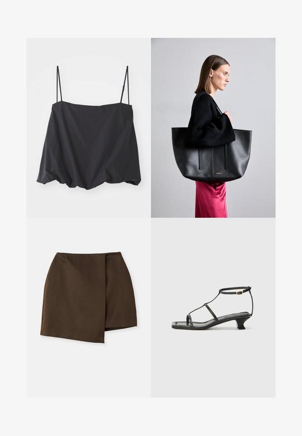 Top negro sin mangas con tirantes finos, de corte holgado y con dobladillo fruncido. Está hecho de una tela ligera con textura suave.; By Malene Birger RAYE - Falda acampanada - dark mahogany; Sandal de cuero negro con punta cuadrada, correas delgadas, correa ajustable en el tobillo y un tacón bajo. Presenta un pequeño detalle dorado en la correa.; Bolso tote de cuero negro con un acabado texturizado, que presenta dos líneas verticales, doble correa para el hombro y un diseño minimalista.; Clip para el cabello de metal color dorado con un diseño liso y redondeado. La superficie es reflectante, con una forma curva y unida sin adornos adicionales.