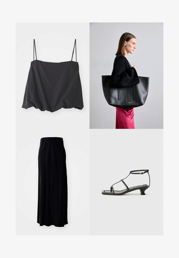 Black sleeveless top with thin straps, loose fit, and gathered hem. Made of lightweight fabric with a smooth texture.; Black maxi skirt made from soft fabric; features a straight silhouette, smooth texture, and a slightly flared hemline.; Black leather sandal with a square toe, thin straps, adjustable ankle strap, and a low heel. Features a small gold accent on the strap.; Black leather tote bag with a textured finish, featuring two vertical lines, dual shoulder straps, and a minimalist design.