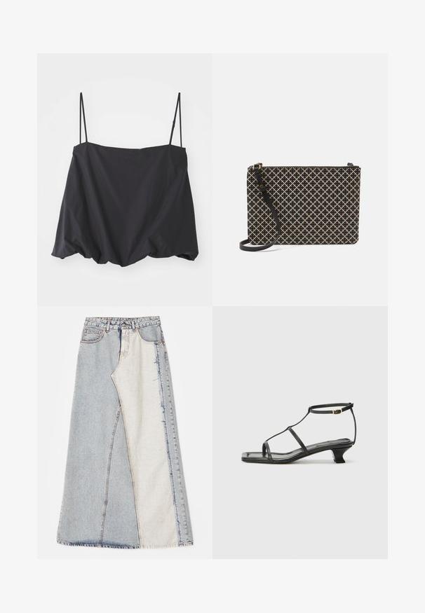 Juodas be rankovių viršus su plonomis petnešėlėmis, laisvas siluetas ir surinkta apatinė dalis. Pagamintas iš lengvos medžiagos su lygiu paviršiumi.; Džinsinė sijonas su lokščių raštu, įskaitant šviesiai ir vidutiniškai mėlynus skyrius, suplėšytais kraštais ir aukšta juosmens linija. Klasikinis penkių kišenių stilius.; Juodas odinis sandalai su kvadratiniu pirštu, plonomis dirželiais, reguliuojamu kulkšnies dirželiu ir žemu kulnu. Yra nedidelis aukso akcentas ant dirželio.; Juoda ir smėlio spalvos raštuota rankinė, turinti stačiakampio formą, su kryžminiu raštu, užtrauktuku ir nuimamu juodu dirželiu.