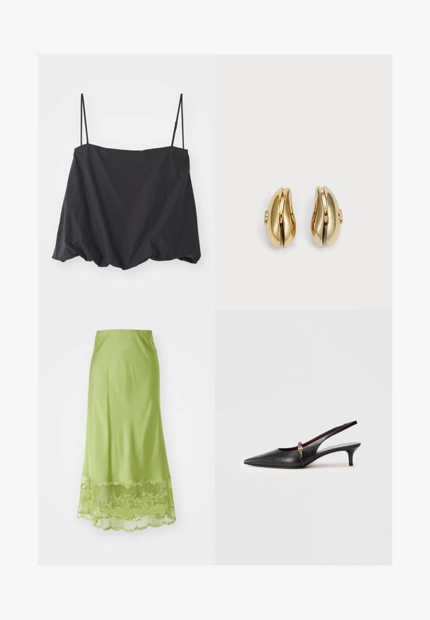 Crni majica bez rukava s tankim naramenicama, slobodna kroja i skupljenim rubom. Izrađena je od lagane tkanine s glatkom teksturom.; Duga suknja limeta zelene boje, napravljena od glatkog materijala. Ima čipkastu obrubu na rubu, sa cvjetnim uzorcima izvezenim u usklađenoj boji.; Crne kožne cipele s povišenim petama, uskog vrha, tanke petice i zlatnim detaljem u blizini narukvice. Glatka tekstura i jednostavan dizajn.; Naušnice zlatne boje s fluidnim, zakrivljenim dizajnom. Svaka naušnica ima glatku površinu i mali zatvarač s ukrasnim detaljem.