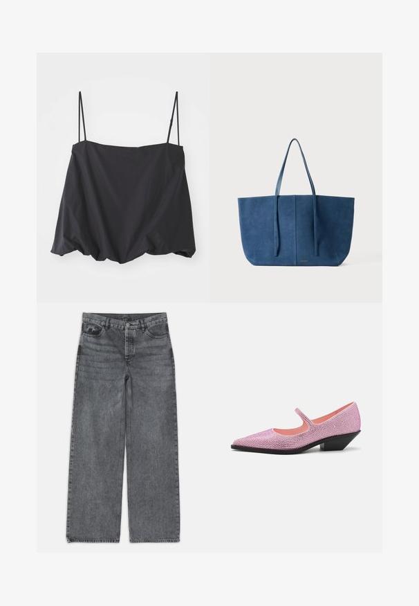 Juodas be rankovių viršus su plonomis petnešėlėmis, laisvas siluetas ir surinkta apatinė dalis. Pagamintas iš lengvos medžiagos su lygiu paviršiumi.; Platus kojų džinsai tamsiai pilko džinsinio audinio. Yra aukšta liemenė, penkių kišenių dizainas ir priekinis sagčių uždarymas. Lygus paviršius su subtiliu dėvėjimosi efektu.; Rožinė su deimantais puošta Mary Jane batų pora su smailiu pirštu, atvirais šonais ir žemu, stačiu juodu kulnu. Lygus vidinis pamušalas.; Mėlynas suede tipo rankinukas su dviem ilgais rankenėlėmis, stačiakampio formos, lygaus paviršiaus, minimalistinio dizaino, su subtiliu logotipo užrašu priekyje.