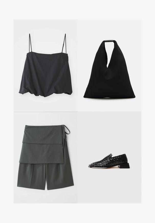 Melnas bez piedurknēm blūze ar plānām siksniņām, brīva piegriezuma un savilkta apakšmala. Izgatavota no viegla auduma ar gludu tekstūru.; Tumši pelēki neitrāli šorti ar slāņveida dizainu, kas ietver augšējo paneli un sasiešanas elementus sānos. Izgatavoti no gluda, viegla auduma.; Melnas ādas austus ievilkšanas kurpes ar zemu bloku papēdi un viļņotu malu, attēlotas uz baltā fona.; Melnas auduma iepirkumu soma ar unikālu V formas dizainu un gludu tekstūru. Aprīkota ar īsu rokturi un minimālistisku aparatūras detaļu.