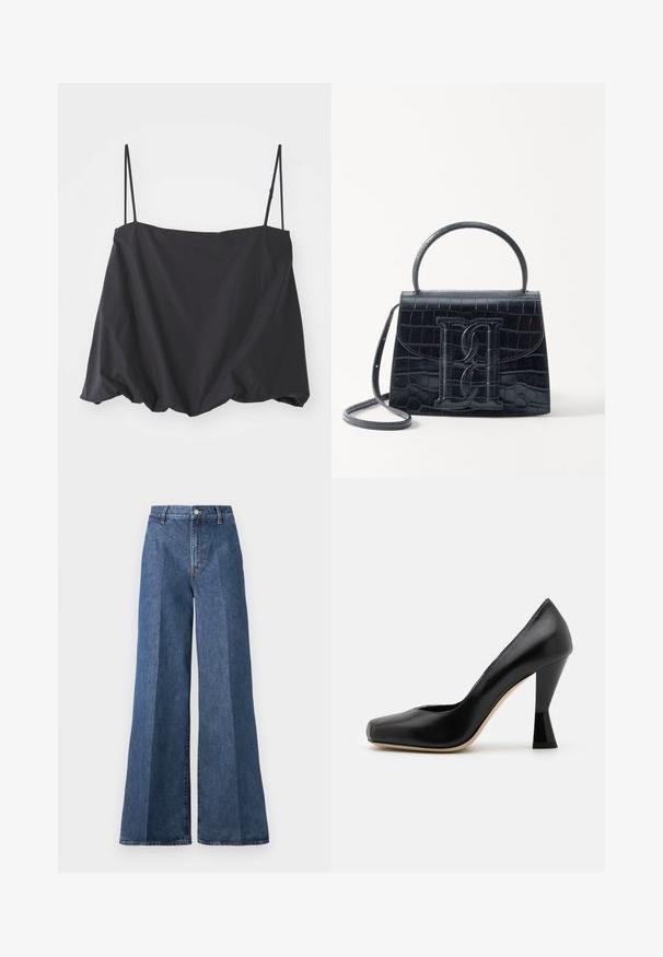 Černý top bez rukávů s tenkými ramínky, volný střih a nařasený lem. Vyrobeno z lehké tkaniny s hladkou strukturou.; Modré džíny s širokými nohavicemi a vysokým pasem, s klasickým pětikapsovým střihem a knoflíkovým zapínáním, vyrobené z texturované bavlny.; Černá kožená vysoká bota na podpatku se čtveratou špičkou a unikátně tvarovaným lesklým černým podpatkem. Hladká textura a jednoduchý design.; Černá kabelka z krokodýlí kůže s embosovaným vzorem, strukturovaným designem, horním uchycením, nastavitelným popruhem a výrazným logem na přední straně.