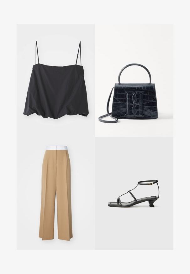 Melnas bez piedurknēm blūze ar plānām siksniņām, brīva piegriezuma un savilkta apakšmala. Izgatavota no viegla auduma ar gludu tekstūru.; Platākā kāju bikses gaismas brūnā audumā ar kontrastējošu baltu jostu. Iespējas ietver tīras līnijas un bez redzamām rakstām vai rotājumiem.; Melna ādas sandale ar kvadrātveida purngalu, plānām siksnām, regulējamu potītes siksnu un zemu papēdi. Iezīme ir neliela zelta akcenta detaļa uz siksnas.; Melnas krokodila rakstā izgatavota ādas rokassoma ar strukturētu dizainu, augšējo rokturi, regulējamu siksnu un izteiktu priekšējo logotipa detaļu.