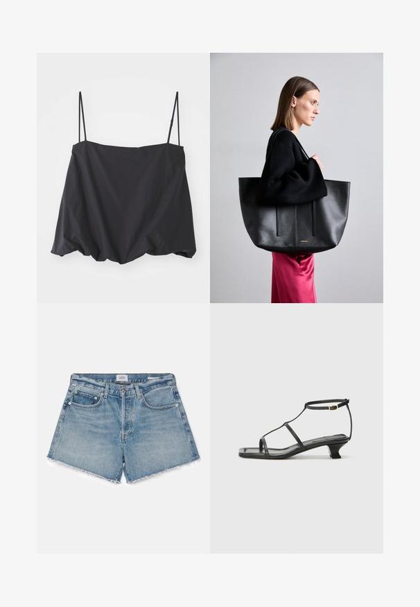 Čierny bezrukávový top s tenkými ramienkami, voľný strih a nariasený lem. Vyrobený z ľahkého materiálu s hladkou textúrou.; Citizens of Humanity ANNABELLE - Denimové šortky - gemini/light indigo; Čierna kožená sandála so štvorcovou špičkou, tenkými popruhmi, nastaviteľným pásikom okolo členka a nízkym podpätkom. Obsahuje malý zlatý akcent na popruhu.; Čierna kožená taška cez rameno s textúrovaným povrchom, obsahujúca dve vertikálne línie, dvojitými ramennými popruhmi a minimalistickým designom.