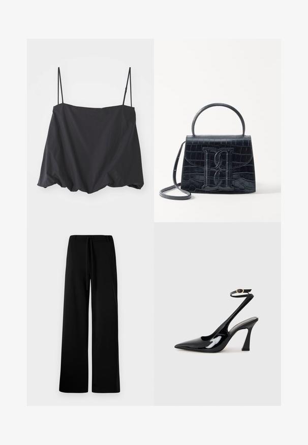 Melnas bez piedurknēm blūze ar plānām siksniņām, brīva piegriezuma un savilkta apakšmala. Izgatavota no viegla auduma ar gludu tekstūru.; Platas kāju melnas bikses, izgatavotas no mīkstas auduma, ar aukliņas vidukli, gludu tekstūru un bez redzamām kabatām vai rakstiem.; Melnas patentā ādas augstpapēžu kurpes ar norādītu purngalu, regulējamu potītes siksniņu un mērenu bloku papēdi. Gluda tekstūra ar spīdīgu apdari.; Melnas krokodila rakstā izgatavota ādas rokassoma ar strukturētu dizainu, augšējo rokturi, regulējamu siksnu un izteiktu priekšējo logotipa detaļu.
