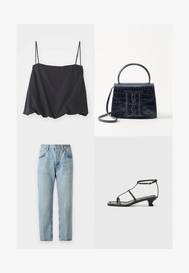 Juodas be rankovių viršus su plonomis petnešėlėmis, laisvas siluetas ir surinkta apatinė dalis. Pagamintas iš lengvos medžiagos su lygiu paviršiumi.; Šviesiai mėlynos džinsinės kelnės su tiesiomis kojomis, penkiomis kišenėmis ir subtiliu blukimu. Su mygtuko uždarymu ir diržo kilpomis.; Juodas odinis sandalai su kvadratiniu pirštu, plonomis dirželiais, reguliuojamu kulkšnies dirželiu ir žemu kulnu. Yra nedidelis aukso akcentas ant dirželio.; Juodas krokodilo rašto odinis rankinės krepšys su struktūruotu dizainu, viršutine rankena, reguliuojamu dirželiu ir išsiskiriančiu priekinio logo detale.