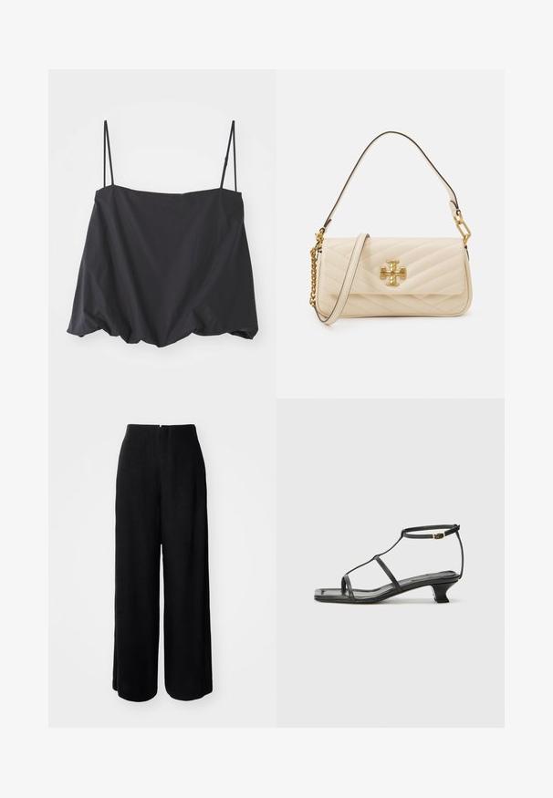 Fekete ujjatlan felső vékony pántokkal, laza szabással és gyűrt alsó résszel. Könnyű anyagból készült, sima textúrával.; Fekete, széles lábú nadrág sima textúrával, magas derékkal és láthatatlan záródással. Tiszta sziluettjével és teljes hosszúságával rendelkezik.; Fekete bőr szandál, négyzet alakú orral, vékony pántokkal, állítható bokapánttal és alacsony sarokkal. A pánton egy kis arany dísz található.; Párnázott tejszínszínű kézitáska arany logóval, lánccal és bőr vállpánttal. Szerkezetes kialakítás, sima textúra és átlós varrás.