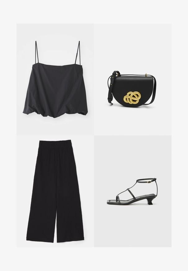 Débardeur noir sans manches avec des fines bretelles, coupe ample et ourlet froncé. Fabriqué en tissu léger avec une texture lisse.; By Malene Birger CAMPINE - Pantalon classique - black; Sandale en cuir noir avec un bout carré, des fines lanières, une bride de cheville ajustable et un petit talon. Présente un petit accent doré sur la lanière.; Sac en cuir noir de forme arrondie, avec un grand nœud décoratif doré à l'avant et une bandoulière réglable.