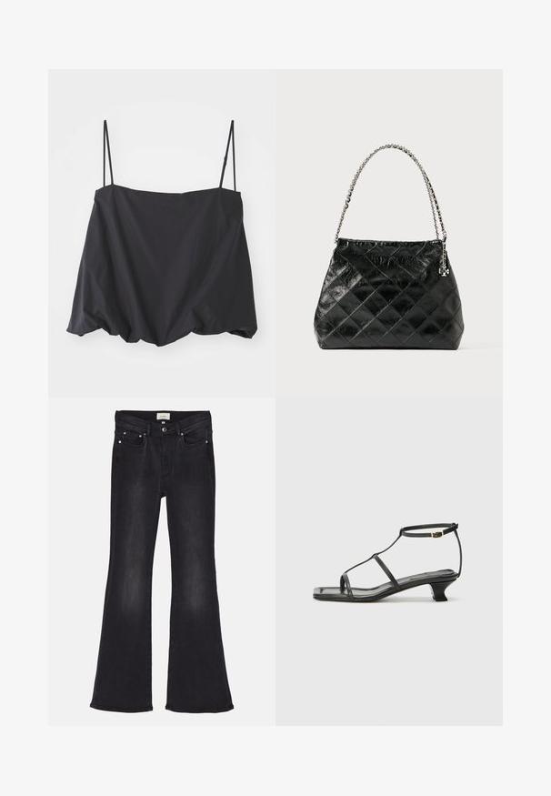 Top nero senza maniche con spalline sottili, vestibilità ampia e orlo arricciato. Realizzato in tessuto leggero con una texture liscia.; Jeans neri a zampa d'elefante realizzati in denim, con vita alta, classico design a cinque tasche e leggere sfumature sulle gambe per un effetto texture.; Sandalo in pelle nera con punta quadrata, cinturini sottili, cinturino alla caviglia regolabile e tacco basso. Presenta un piccolo accento dorato sul cinturino.; Borsa a tracolla nera in pelle trapuntata con manico a catena argentata, caratterizzata da un design strutturato e una texture liscia.