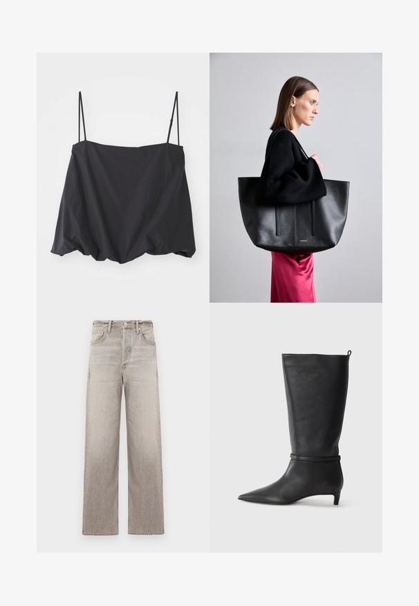 Mustavärviline ilma varrukateta topp, millel on õhukesed rihmad, laialdane lõige ja kokku kogutud ääre. Valmistatud kergest kangast, millel on sile tekstuur.; Laiad joped heledast hallist denimist, millel on kulunud tekstuur, viis taskut, esine nupuga kinnitamine ja vöökohakumm.; Must musta põlvik, terava ninaga, millel on ümber pahkluu ümar rihm ja madal, kergelt kitsenev konts. Sile tekstuur.; Mustast nahast kott tekstureeritud viimistlusega, millel on kaks vertikaalset rida, kahekordsed õlarihmad ja minimalistlik disain.